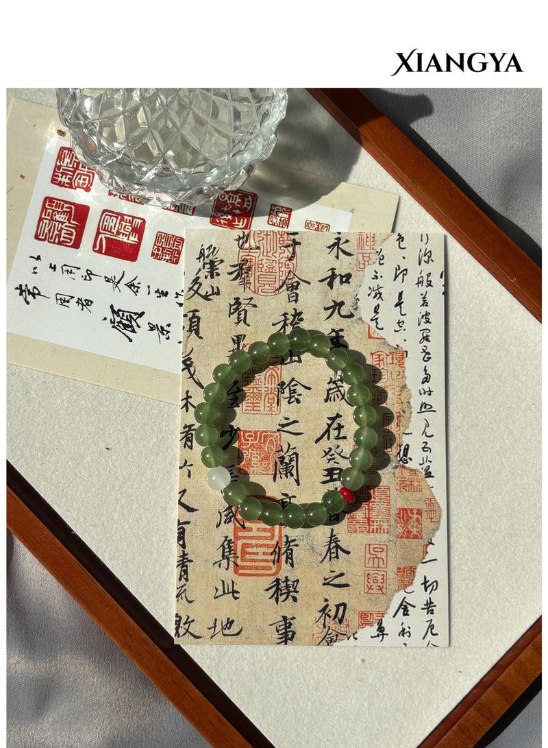 XIANGYA Green Jade Bracelet with White Glass & Red Accent Beads, 8MM Round Beads, Elastic Minimalist Jewelry | Jade Lantern - Image 5