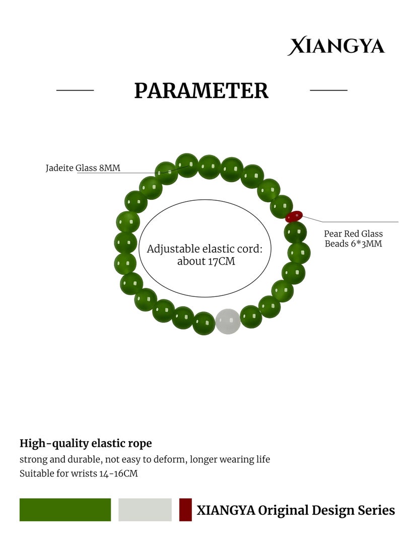XIANGYA Green Jade Bracelet with White Glass & Red Accent Beads, 8MM Round Beads, Elastic Minimalist Jewelry | Jade Lantern - Image 3