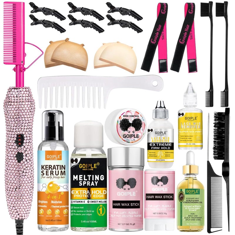 Goiple Deluxe Electric Hair Straightener and Curling Comb for Natural Hair and Wigs, 450Â°F Heat Pressing Comb with Anti-Scald Case (Pink) - Image 1