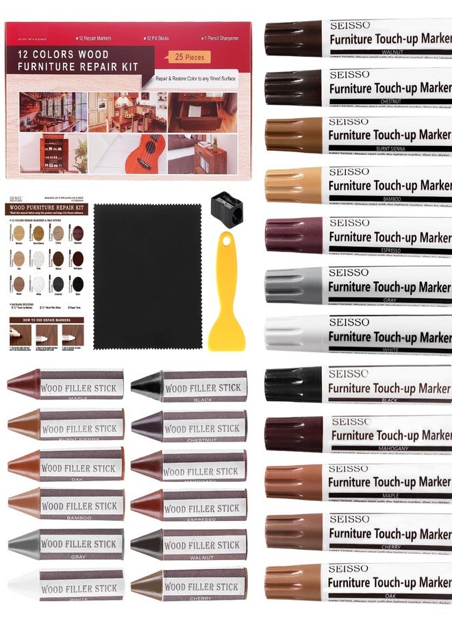 SEISSO NEW Upgraded Furniture Repair Kit Wood Markers-Set of 24-Markers and Wax Sticks with Sharpener and black cloth Kit, Restore Nail Holes on Wood Furniture, Wood Marker Pens for Scratches, Molding Repair - Image 1
