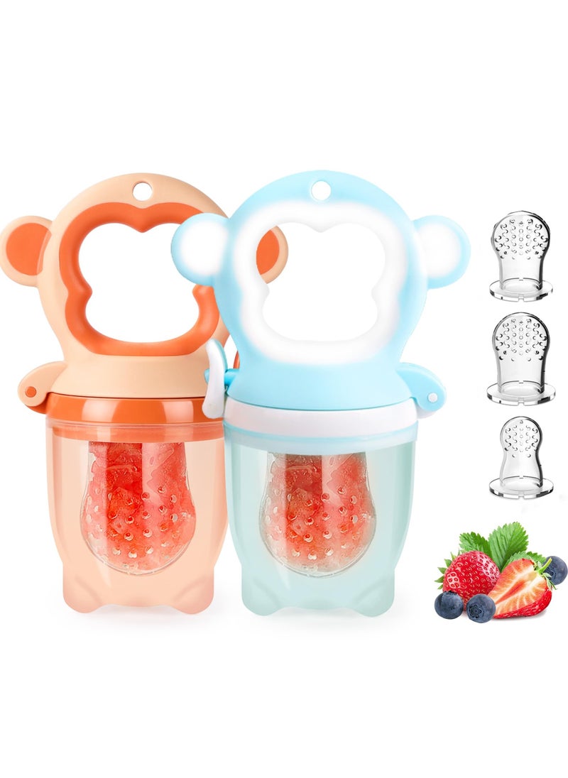 Generic 2 Packs Baby Fresh Fruit Feeder Pacifier, Baby Teether for Chewing, Freezable Infant Teething Toy, Teething Relief, Food Feeder with 6 Silicone Pouch, BPA Free - Monkey (Orange & Blue)  - Image 1