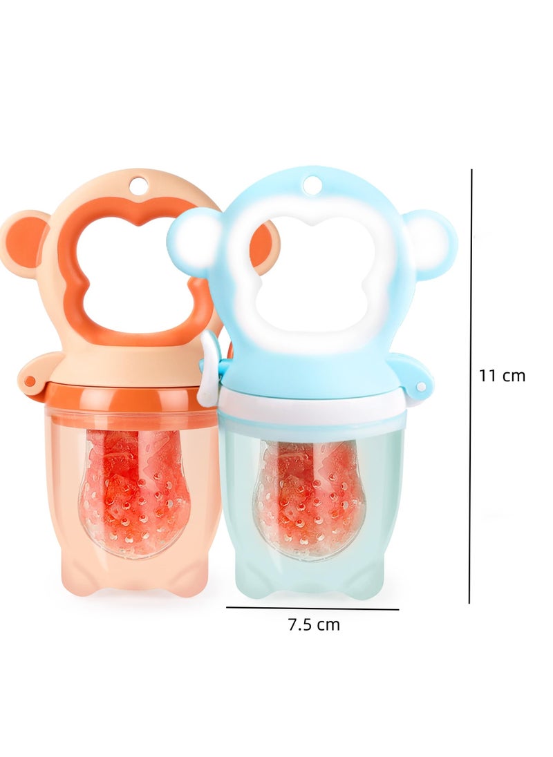 Generic 2 Packs Baby Fresh Fruit Feeder Pacifier, Baby Teether for Chewing, Freezable Infant Teething Toy, Teething Relief, Food Feeder with 6 Silicone Pouch, BPA Free - Monkey (Orange & Blue)  - Image 2