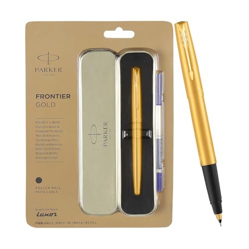 Parker Frontier Gold Roller Ball Pen Ink Color Blue Gold Color Body with Gold Trim Premium Refillable Pen for Smooth Writing Ideal for Professionals Executives Corporate Gifting - Image 1