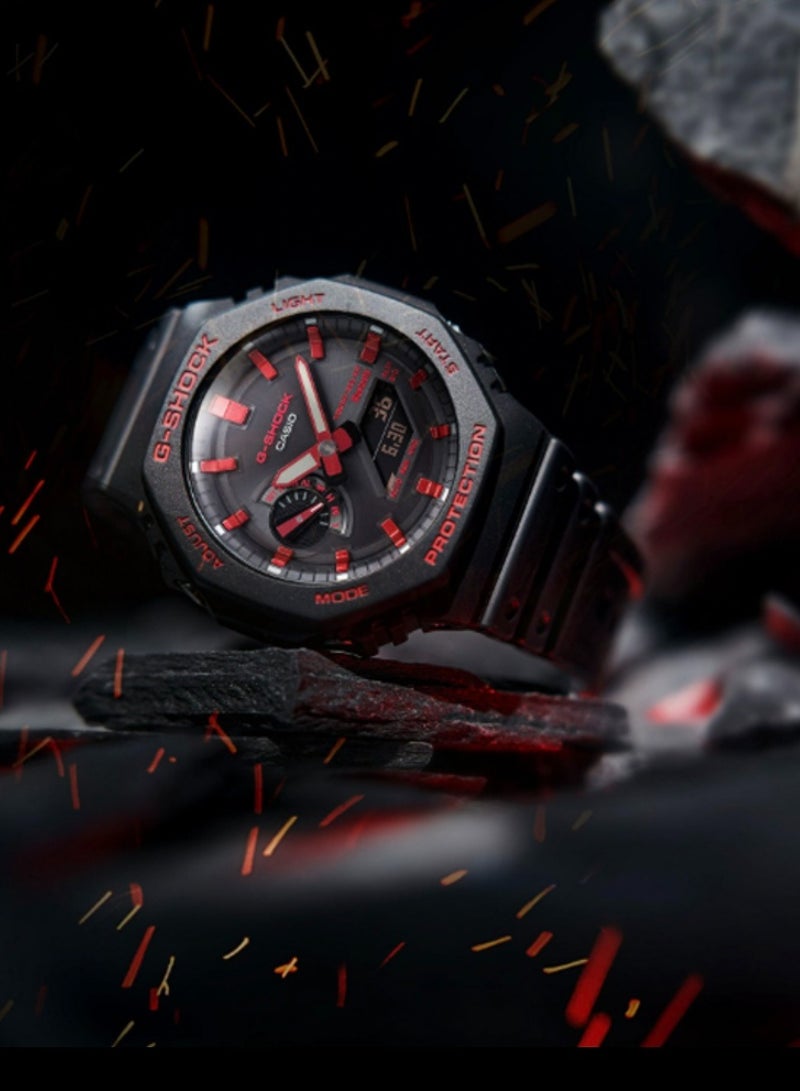 كاسيو كاسيو السائل الكريستال / المؤشر المزدوج سلسلة G-SHOCK 40 الذكرى السنوية سلسلة الحمراء الصغيرة 200 متر مقاوم للماء الحركة الكوارتز حزام الراتنج الساعات الرجال لوحة سوداء - Image 3