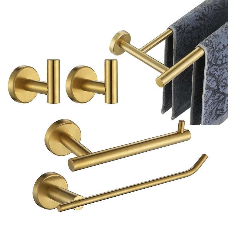 JQK Bathroom Hardware Set 5Piece Bath Accessories Set Brass Gold Wall Mount Includes 24 in Towel Bar 9 in HT Bar TP Holder Towel Hook x 2 Brushed Gold BAS105BG