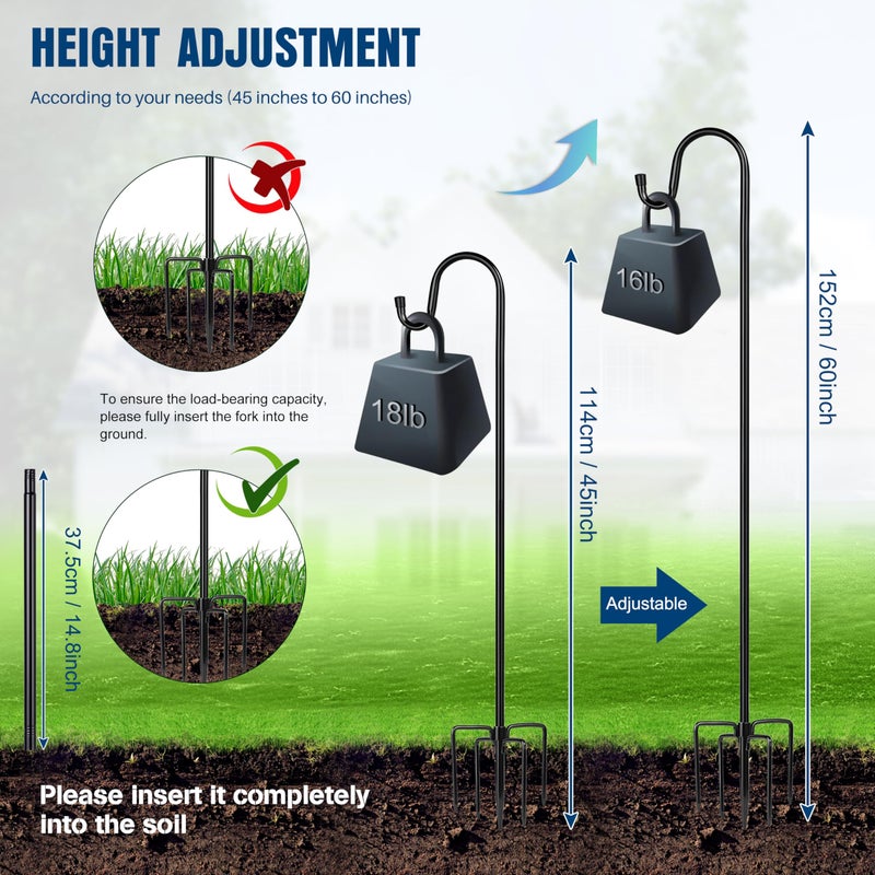Ottsuls Shepherds Hooks for Outdoor - 60" Heavy Duty Bird Feeder Pole with 5 Prong Base, Adjustable Stand Hanger for Garden Plant, Hummingbird Feeder, Lantern Lights - Haning Wedding Decor (1 Pack) - Image 4