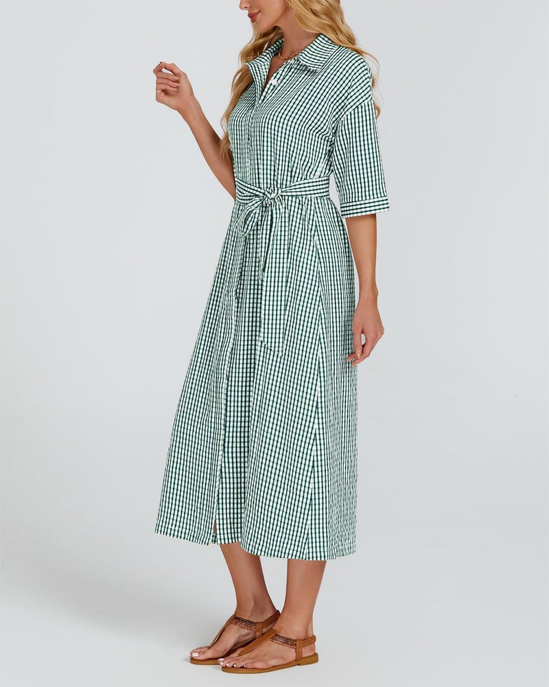 YEXPINE Women's Half Sleeve Plaid Midi Dress Collar V Neck Belted Casual Button Down Long Loose Dress Green - Image 3