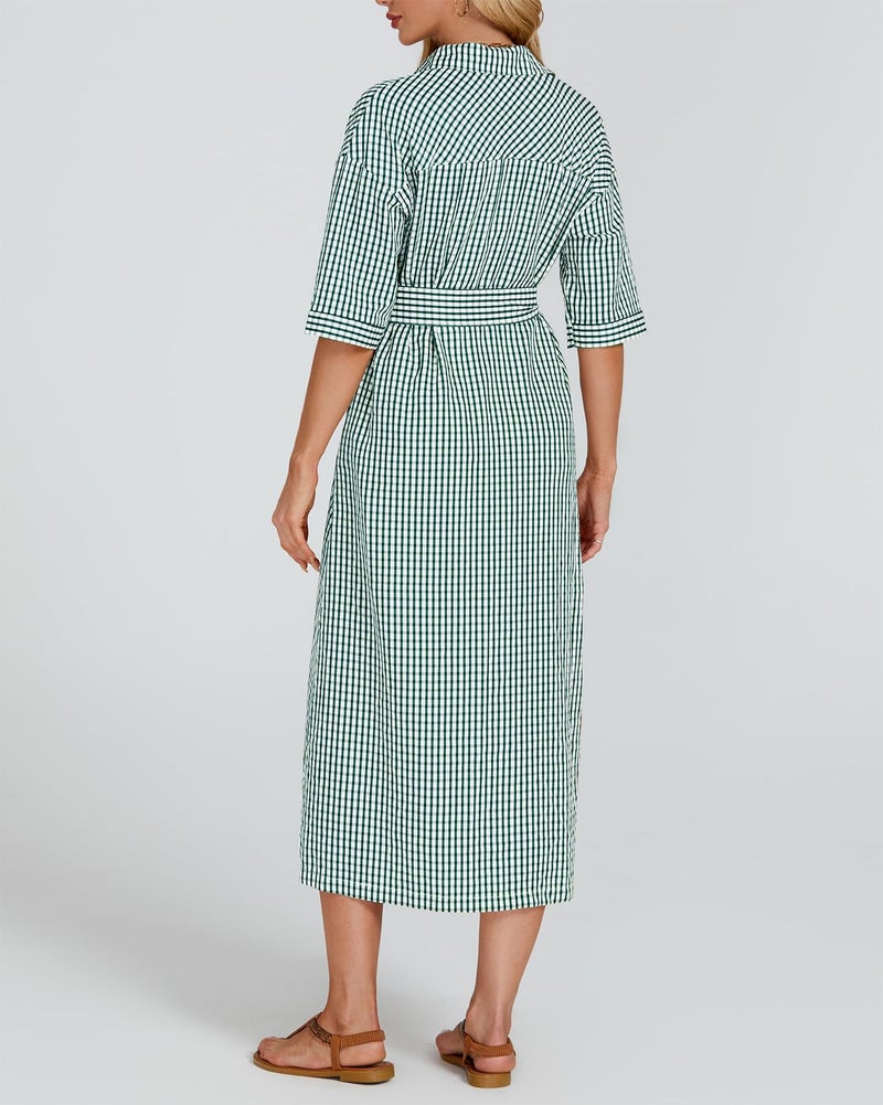 YEXPINE Women's Half Sleeve Plaid Midi Dress Collar V Neck Belted Casual Button Down Long Loose Dress Green - Image 4