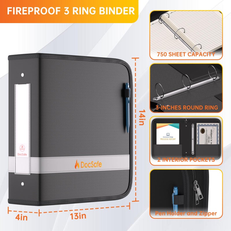 DocSafe 3 Ring Binder with Zipper,Fireproof 3 Inch Round Ring Binder with 2 Interior Pockets,PVC-Free,Portable School Office Home Safe Storage for Letter Size 8.5'' x 11'' Paper Photos Cards Black - Image 5