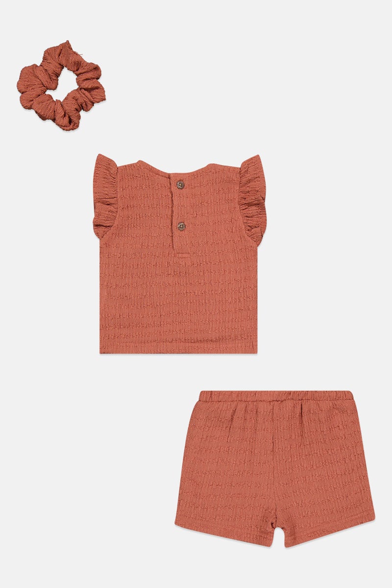 Willow & Whistle Toddlers Girl 3 Pcs Textured Top And Bottom With Scrunchie Set , Brown - Image 3