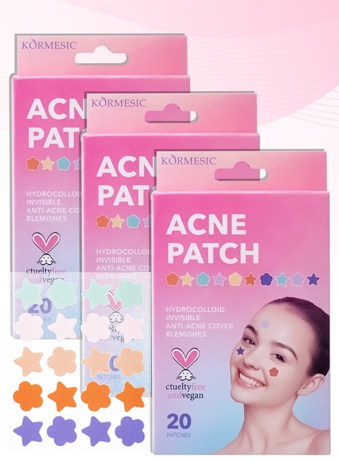 Kormesic مجموعة لاصقات حب الشباب 3 قطع سهلة الاستخدام شفاء سريع لاصقات خالية من الألم والندوب للوجه تعزز شفاء الجروح تركيبة طبيعية لاصقات حب الشباب (60 لاصقة) - Image 1