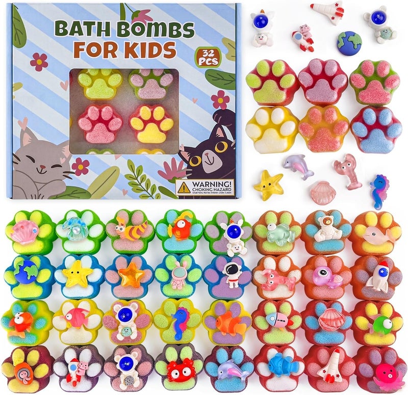32PCS Bath Bomb for Kids Paw Bath Bombs with Surprise Sea Animal Space Astronauts Toy Inside Organic Natural Bubble Bath Bombs with Gift Tin Box Best Birthday Easter Party Gift for Boys Girls