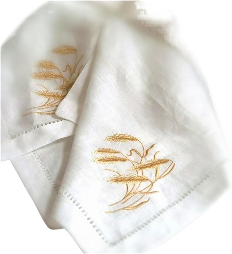 مناديل الكتان 4 قطع مطرزة سنابل القمح البيضاء زينة الطاولة هدية - Image 2