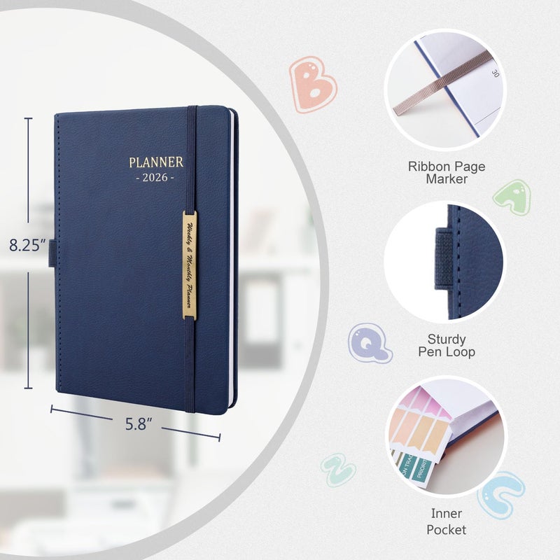 Tiankool Planner 2026, Jan 2026 - Dec 2026 Weekly Monthly Planner with Stickers, Elastic Closure, Inner Pocket, Round Corner, 5.8" x 8.25" - Blue - Image 2