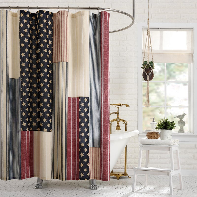 Modern Heirloom Americana Patchwork Fabric Shower Curtain, Machine Washable, 72" x 72", Red/Blue - Image 1
