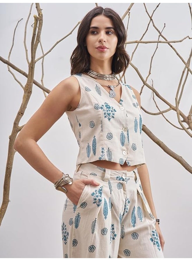 Vishudh Women CO ORD SET OFF WHITE/BLUE(M) - Image 4