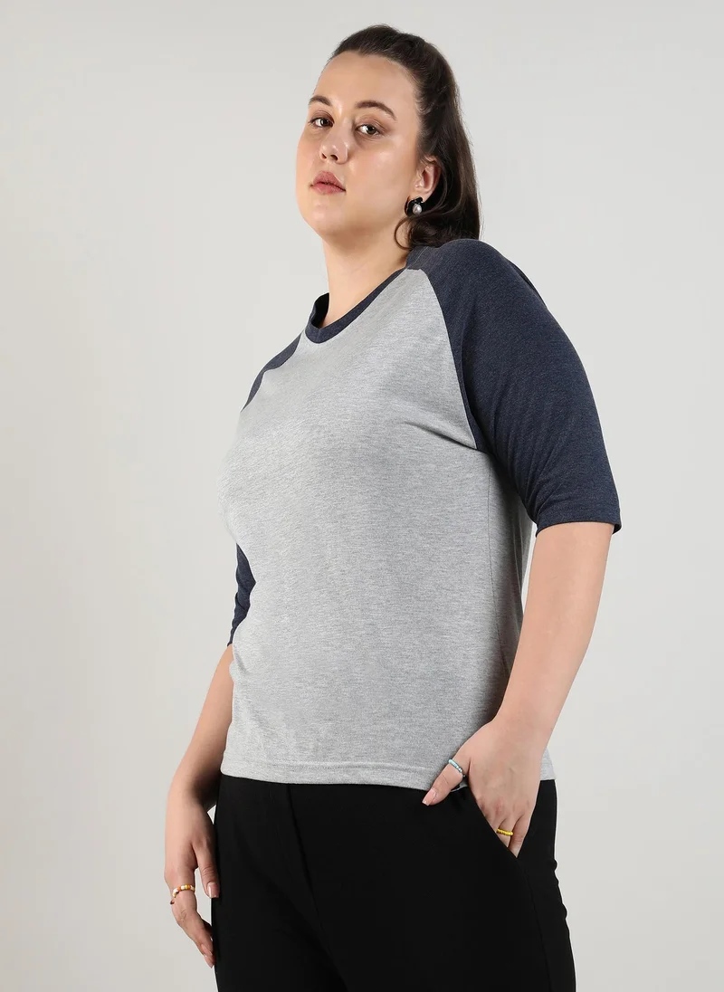 Instafab Plus Women's Light Grey & Prussian Blue Raglan Sleeve Top