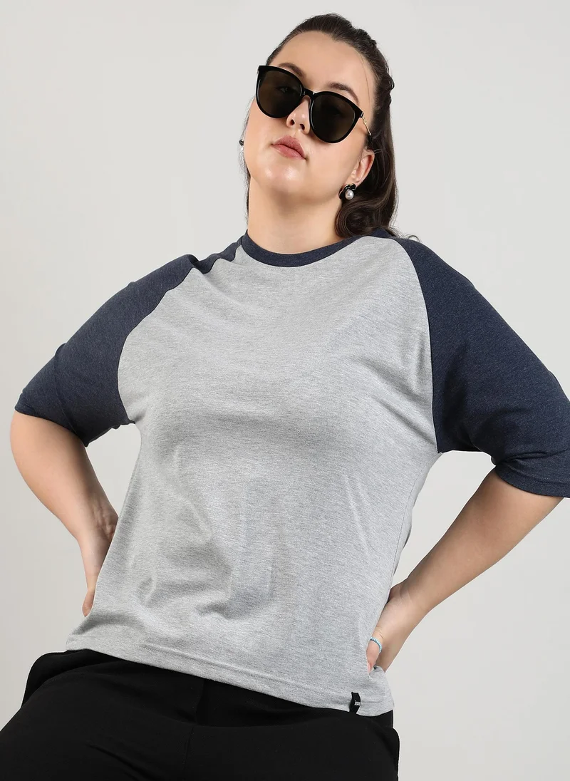 Instafab Plus Women's Light Grey & Prussian Blue Raglan Sleeve Top