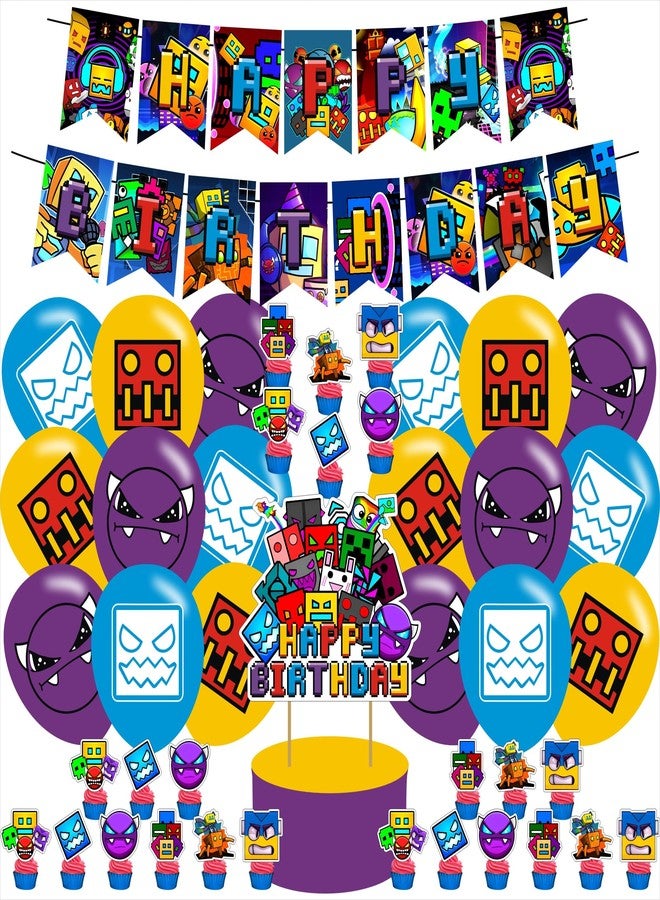 karg Geometry Dash Birthday Party Decorations ,Geometry Dash Birthday Party Favor with Banner, Ballons,Cake Topper, Cupcake Toppers for Boys Girls Fans Geometry Dash Party Supplies, Purple - Image 1