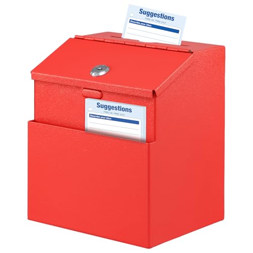 KYODOLED Suggestion Box with Lock and 50 Free Suggestion Cards, Metal Wall Mounted Ballot, Donation and Collection Key Drop Box with Slot & 2 Keys, 8H x 5.7W x 7L Inch, Red - Image 1