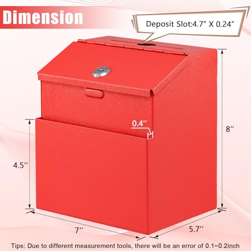 KYODOLED Suggestion Box with Lock and 50 Free Suggestion Cards, Metal Wall Mounted Ballot, Donation and Collection Key Drop Box with Slot & 2 Keys, 8H x 5.7W x 7L Inch, Red - Image 2