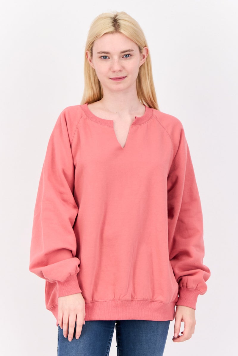 NIA Women Split Neck Long Sleeve Plain Sweatshirts, Coral - Image 1