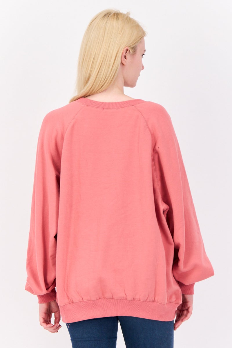 NIA Women Split Neck Long Sleeve Plain Sweatshirts, Coral - Image 3