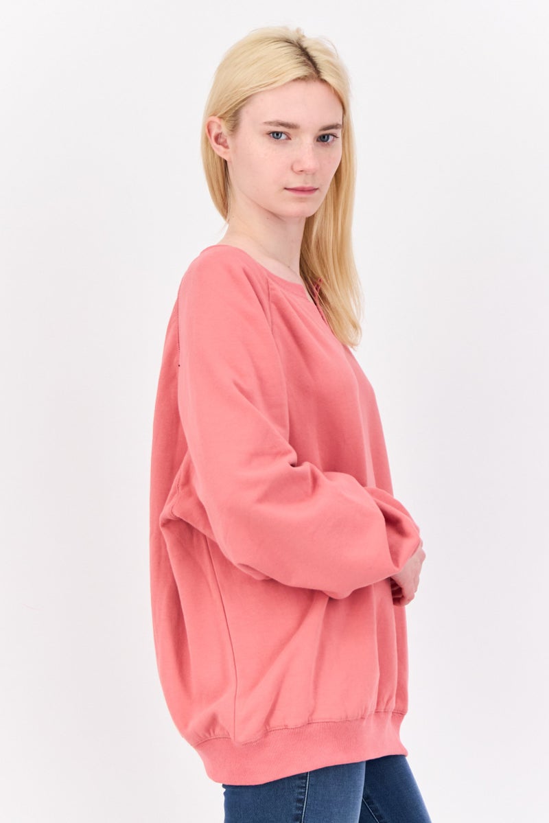 NIA Women Split Neck Long Sleeve Plain Sweatshirts, Coral - Image 2