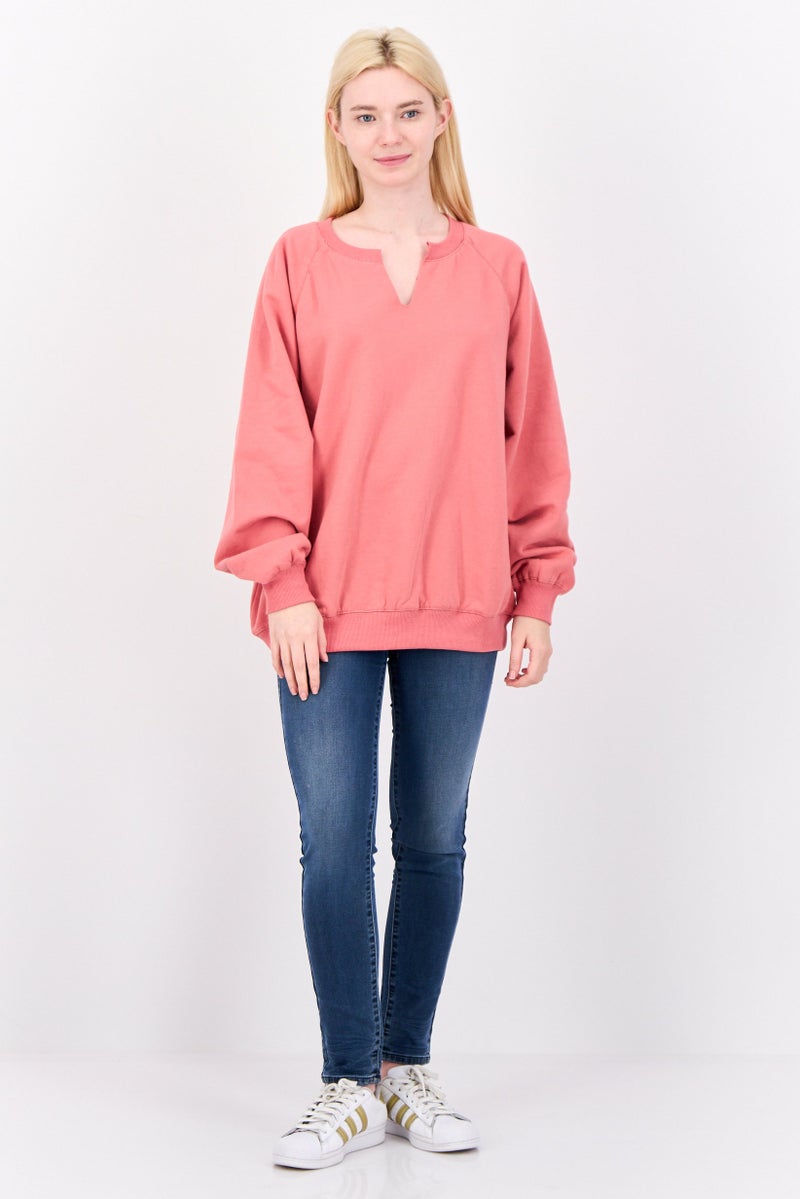 NIA Women Split Neck Long Sleeve Plain Sweatshirts, Coral - Image 4