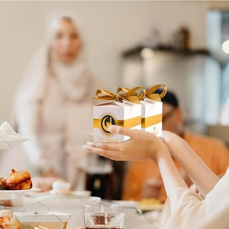 Eid Mubarak Gift Boxes – Pack of 5 Ramadan Favor Boxes in White & Gold, Elegant Treat Box for Sweets, Dates, Chocolates, and Gifts for Kids | Eid Gift Bags (White) - Image 4