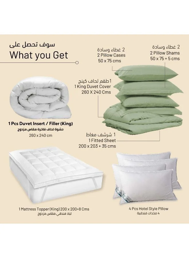 Donetella Hotel Style Premium Package 7 Piece Duvet Set Sage Duvet Insert Mattress Topper and 4 Pillows King Size