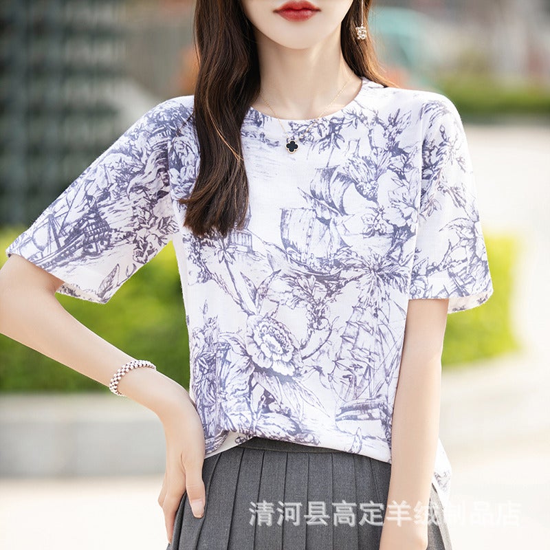 There Is Always A Suitable One-Summer Classic Joker Mulberry Silk Various Printed Pattern Round Neck Short Sleeve T-Shirt - Image 1