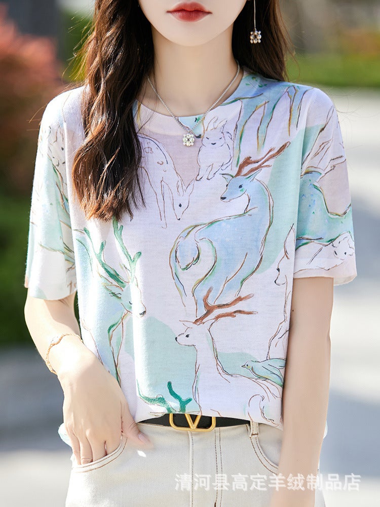 There Is Always A Suitable One-Summer Classic Joker Mulberry Silk Various Printed Pattern Round Neck Short Sleeve T-Shirt - Image 2