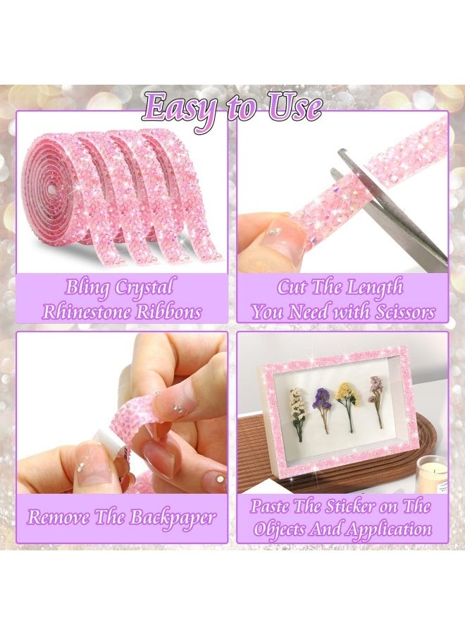 4 PCS FULZTEY Bling Crystal Rhinestone Ribbons,Pink AB Diamond Strips for DIY Crafts,1 CM Wide Rhinestone Tape Stickers,4 Yards Bling Rhinestone Strips Adhesive for Clothes Wedding Parties Decoration - Image 3