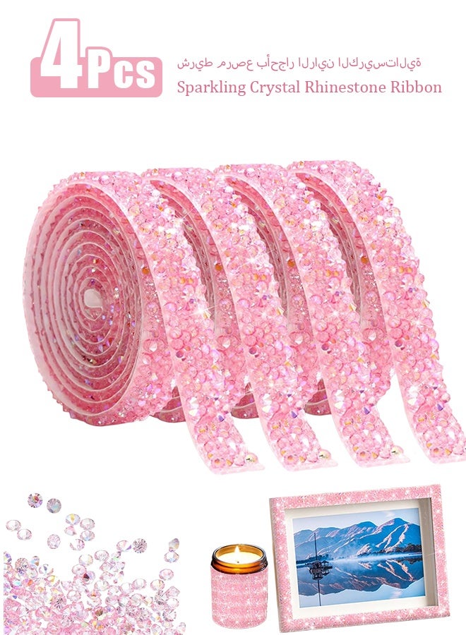 4 PCS FULZTEY Bling Crystal Rhinestone Ribbons,Pink AB Diamond Strips for DIY Crafts,1 CM Wide Rhinestone Tape Stickers,4 Yards Bling Rhinestone Strips Adhesive for Clothes Wedding Parties Decoration - Image 1