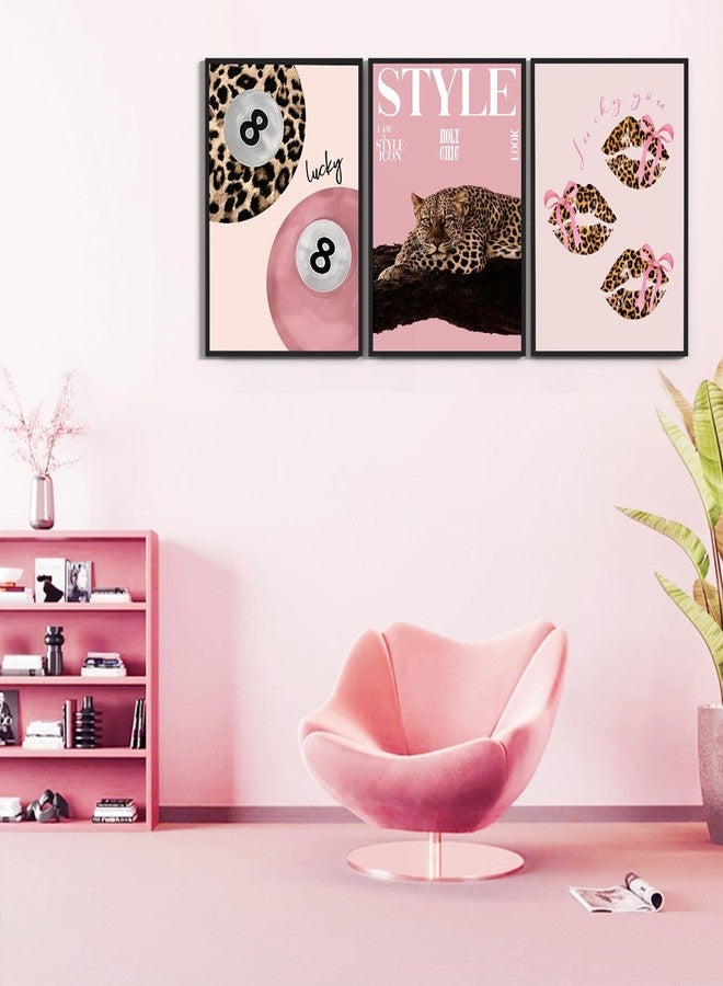 Shrandi 3 PCS Pink Leopard Canvas Wall Art Trendy Cheetah 8 Ball Bow Poster Prints Y2k Coquette Preppy Lucky Aesthetic Fashion Pictures Art for Girls Bedroom Dorm Living Room Apartment Decor 12*16In Unframed - Image 4