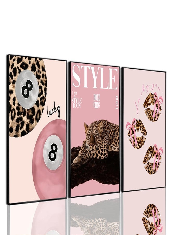 Shrandi 3 PCS Pink Leopard Canvas Wall Art Trendy Cheetah 8 Ball Bow Poster Prints Y2k Coquette Preppy Lucky Aesthetic Fashion Pictures Art for Girls Bedroom Dorm Living Room Apartment Decor 12*16In Unframed - Image 1