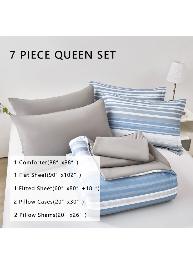 KAKIJUMN KAKIJUMN 7 Piece Bed in a Bag Stripe Comforter Set Queen Size  White Grey Blue Patchwork Striped Comforter and Sheet Set  All Season Soft Microfiber Complete Bedding Set(Light Blue Queen)  - Image 2