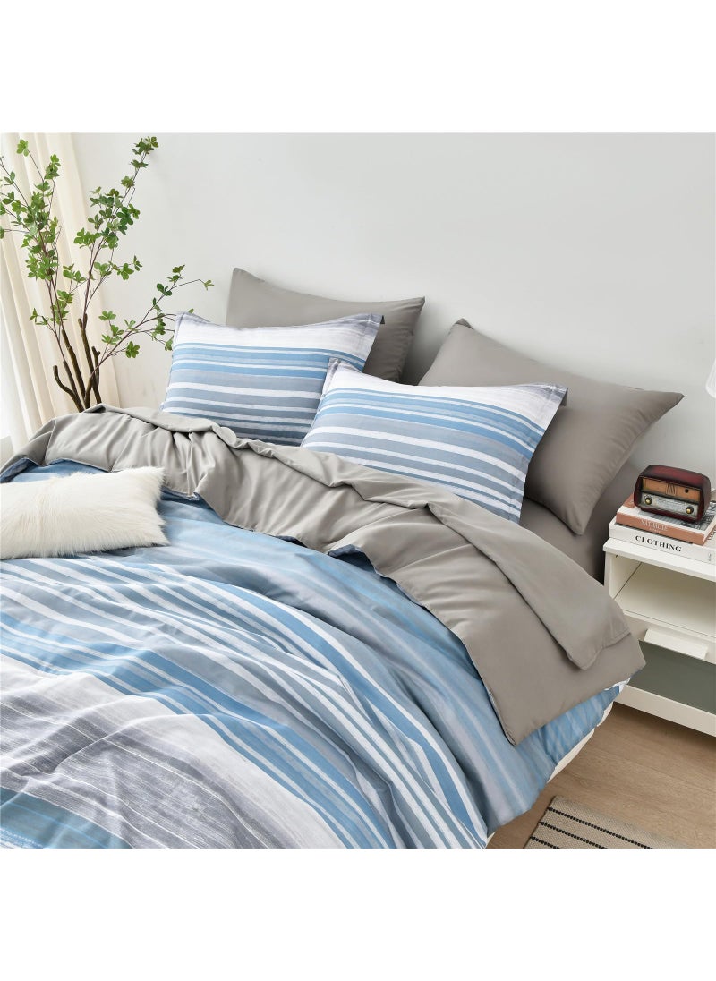 KAKIJUMN KAKIJUMN 7 Piece Bed in a Bag Stripe Comforter Set Queen Size  White Grey Blue Patchwork Striped Comforter and Sheet Set  All Season Soft Microfiber Complete Bedding Set(Light Blue Queen)  - Image 5