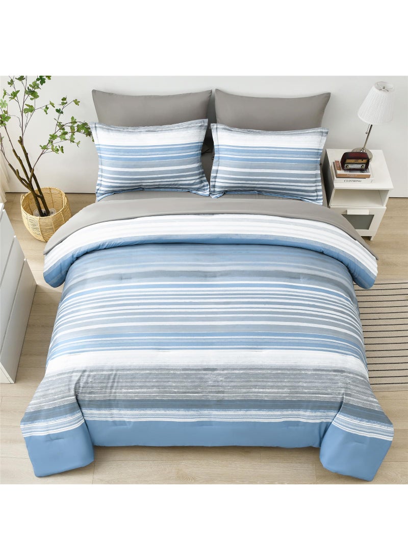 KAKIJUMN KAKIJUMN 7 Piece Bed in a Bag Stripe Comforter Set Queen Size  White Grey Blue Patchwork Striped Comforter and Sheet Set  All Season Soft Microfiber Complete Bedding Set(Light Blue Queen)  - Image 3