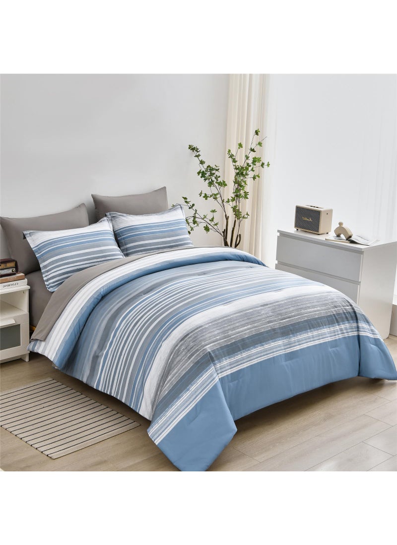 KAKIJUMN KAKIJUMN 7 Piece Bed in a Bag Stripe Comforter Set Queen Size  White Grey Blue Patchwork Striped Comforter and Sheet Set  All Season Soft Microfiber Complete Bedding Set(Light Blue Queen)  - Image 1