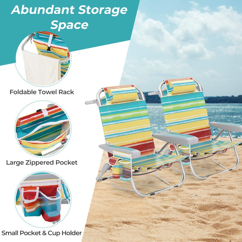 Giantex Backpack Beach Chair, Foldable Camping Chair with 5 Adjustable Position, Cup Holder, Storage Pockets, Straps, Towel Rack, Pillow, Lay Flat Lawn Chair for Patio Outdoor, Color Stripe - Image 5
