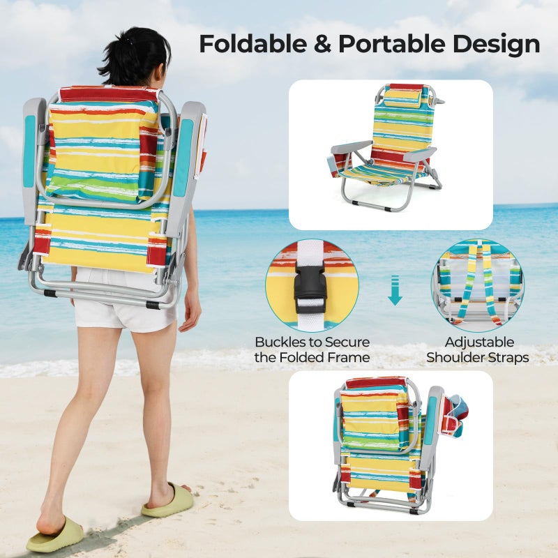 Giantex Backpack Beach Chair, Foldable Camping Chair with 5 Adjustable Position, Cup Holder, Storage Pockets, Straps, Towel Rack, Pillow, Lay Flat Lawn Chair for Patio Outdoor, Color Stripe - Image 2