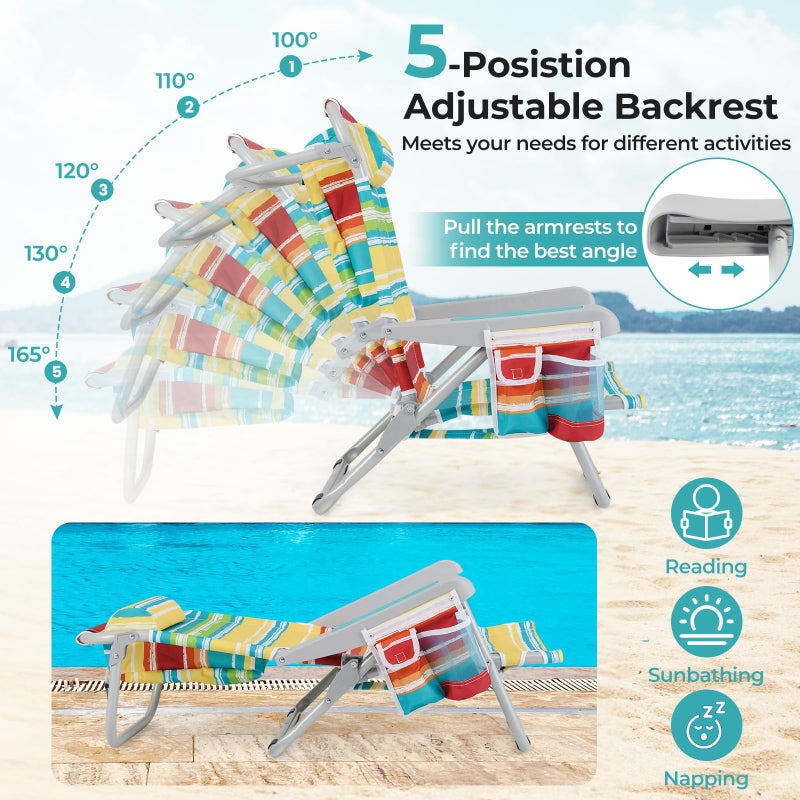 Giantex Backpack Beach Chair, Foldable Camping Chair with 5 Adjustable Position, Cup Holder, Storage Pockets, Straps, Towel Rack, Pillow, Lay Flat Lawn Chair for Patio Outdoor, Color Stripe - Image 3