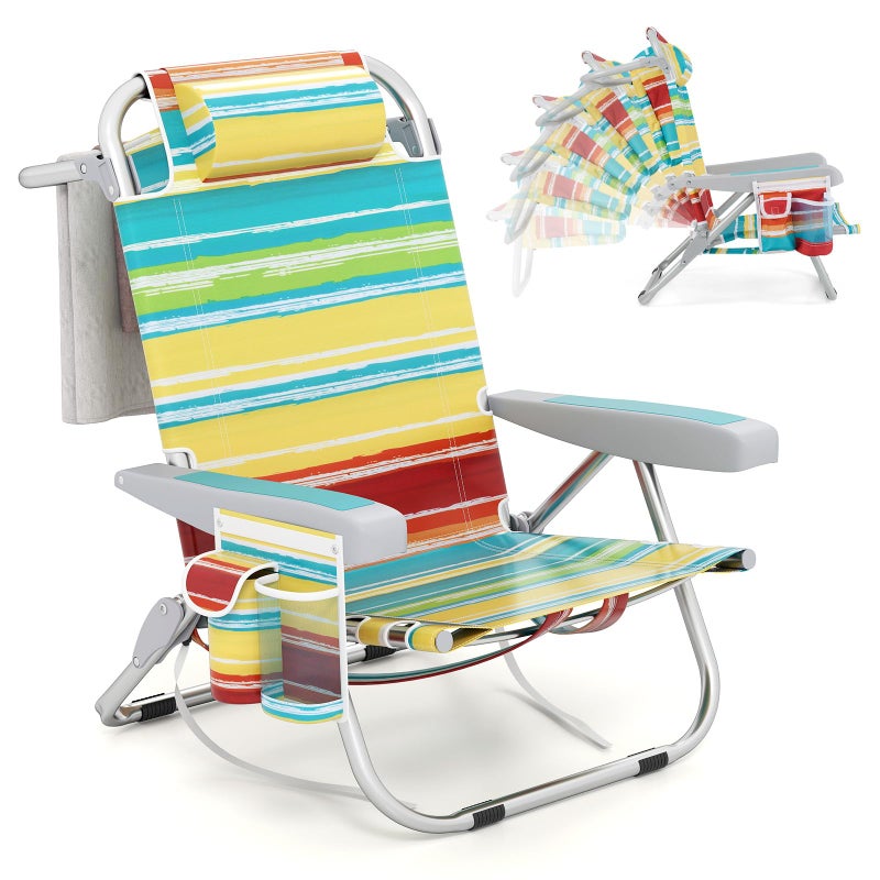 Giantex Backpack Beach Chair, Foldable Camping Chair with 5 Adjustable Position, Cup Holder, Storage Pockets, Straps, Towel Rack, Pillow, Lay Flat Lawn Chair for Patio Outdoor, Color Stripe - Image 1