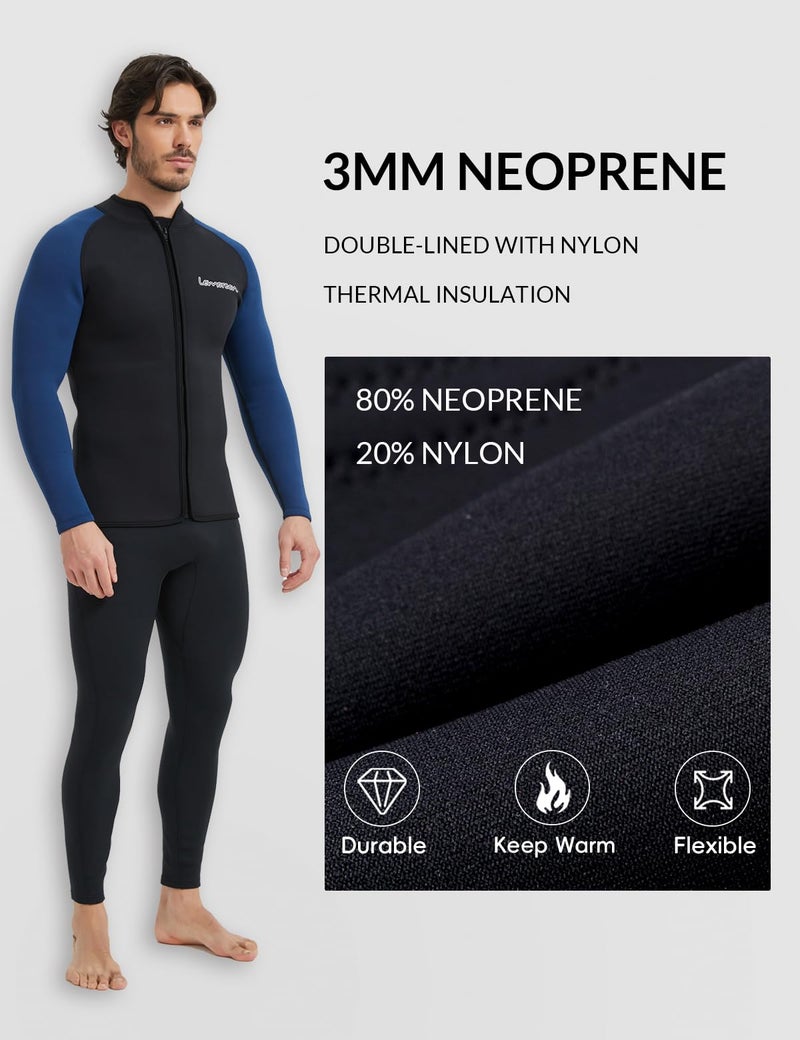 Lemorecn Men’s 3mm Wetsuits Jacket Long Sleeve Neoprene Wetsuits Top(2031blackblueL) - Image 2
