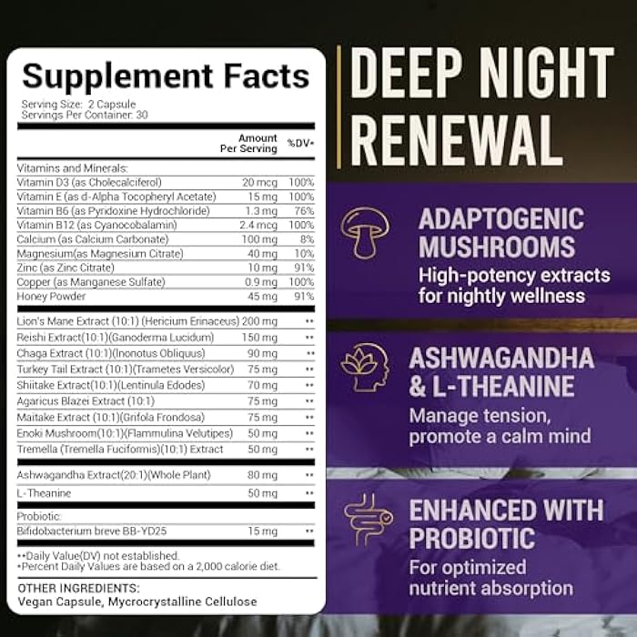 LEGRANO Premium Evening Mushroom Supplement Capsules with Lion’s Mane, Reishi Mushroom, Turkey Tail, Chaga, Ashwagandha, L-Theanine, Vitamins & Minerals – Adaptogenic Mushrooms for Relaxation & Sleep - Image 2
