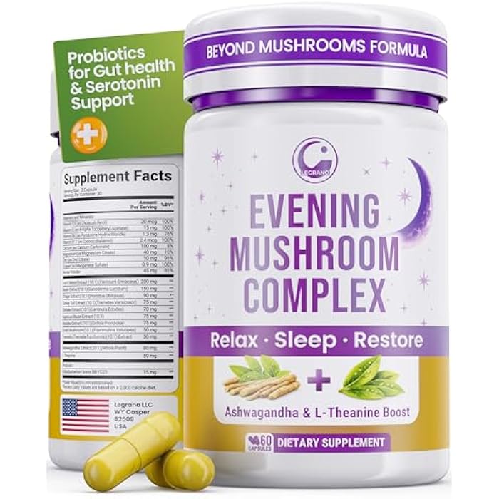 LEGRANO Premium Evening Mushroom Supplement Capsules with Lion’s Mane, Reishi Mushroom, Turkey Tail, Chaga, Ashwagandha, L-Theanine, Vitamins & Minerals – Adaptogenic Mushrooms for Relaxation & Sleep - Image 1