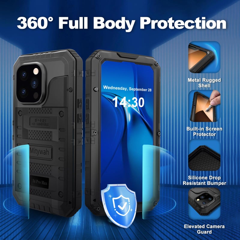 Mitywah Waterproof Case for iPhone 14 Pro Max, Heavy Duty Metal Case with Built-in Screen Protector, Military Grade Drop Protection Full Body Aluminum Protective Cover 6.7 inch, Black - Image 5