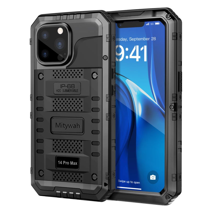 Mitywah Waterproof Case for iPhone 14 Pro Max, Heavy Duty Metal Case with Built-in Screen Protector, Military Grade Drop Protection Full Body Aluminum Protective Cover 6.7 inch, Black - Image 1